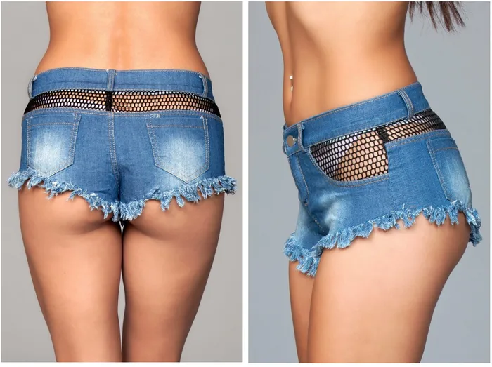 BeWicked USA Sexy Booty Denim Shorts Fishnet Top Trimming Fringe Bottom - J11BL - Large | BeWicked Male Sex Toys
