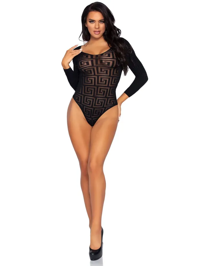 Mosaic Snap Crotch Bodysuit One Size Black Leg Avenue Bodystockings Playsuits